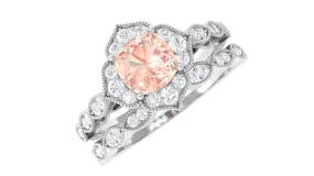 Real Morganite Flower Ring Set with Diamond