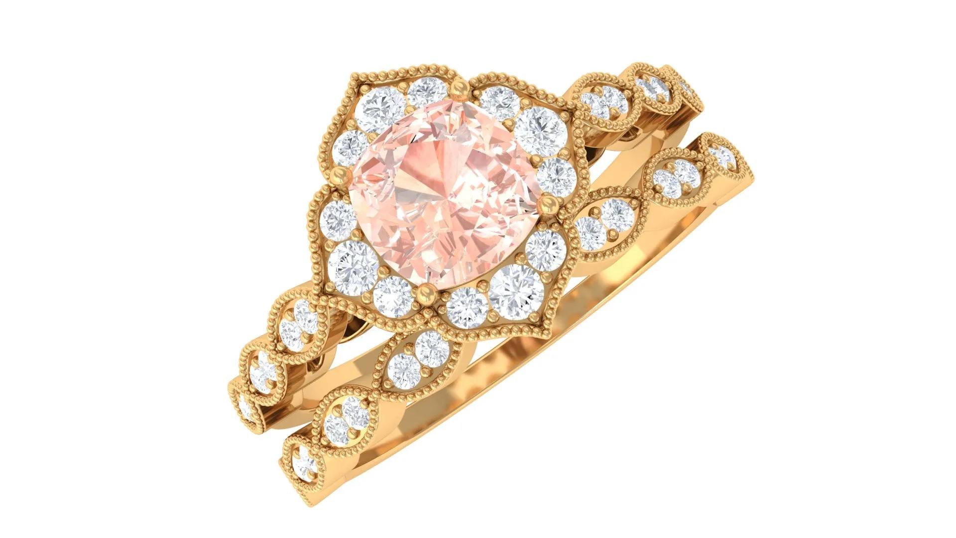 Real Morganite Flower Ring Set with Diamond