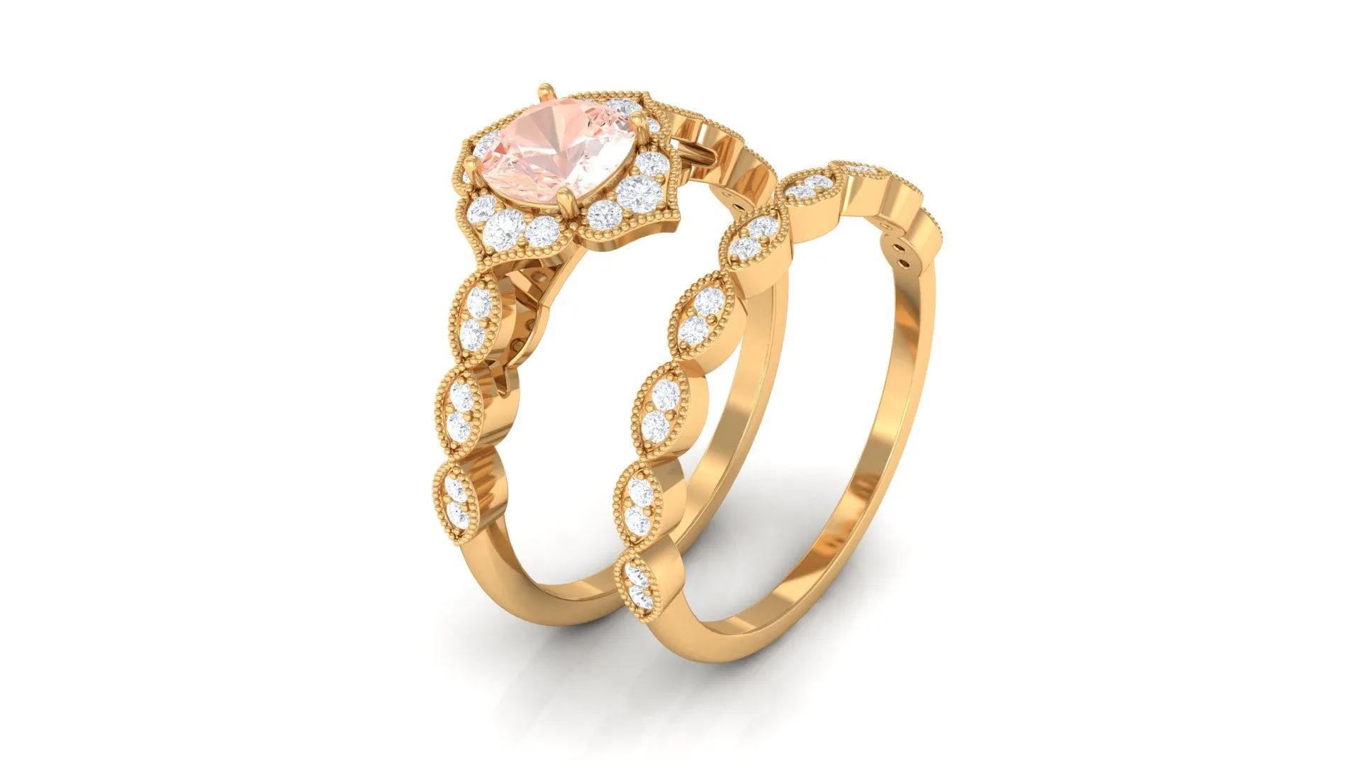 Real Morganite Flower Ring Set with Diamond