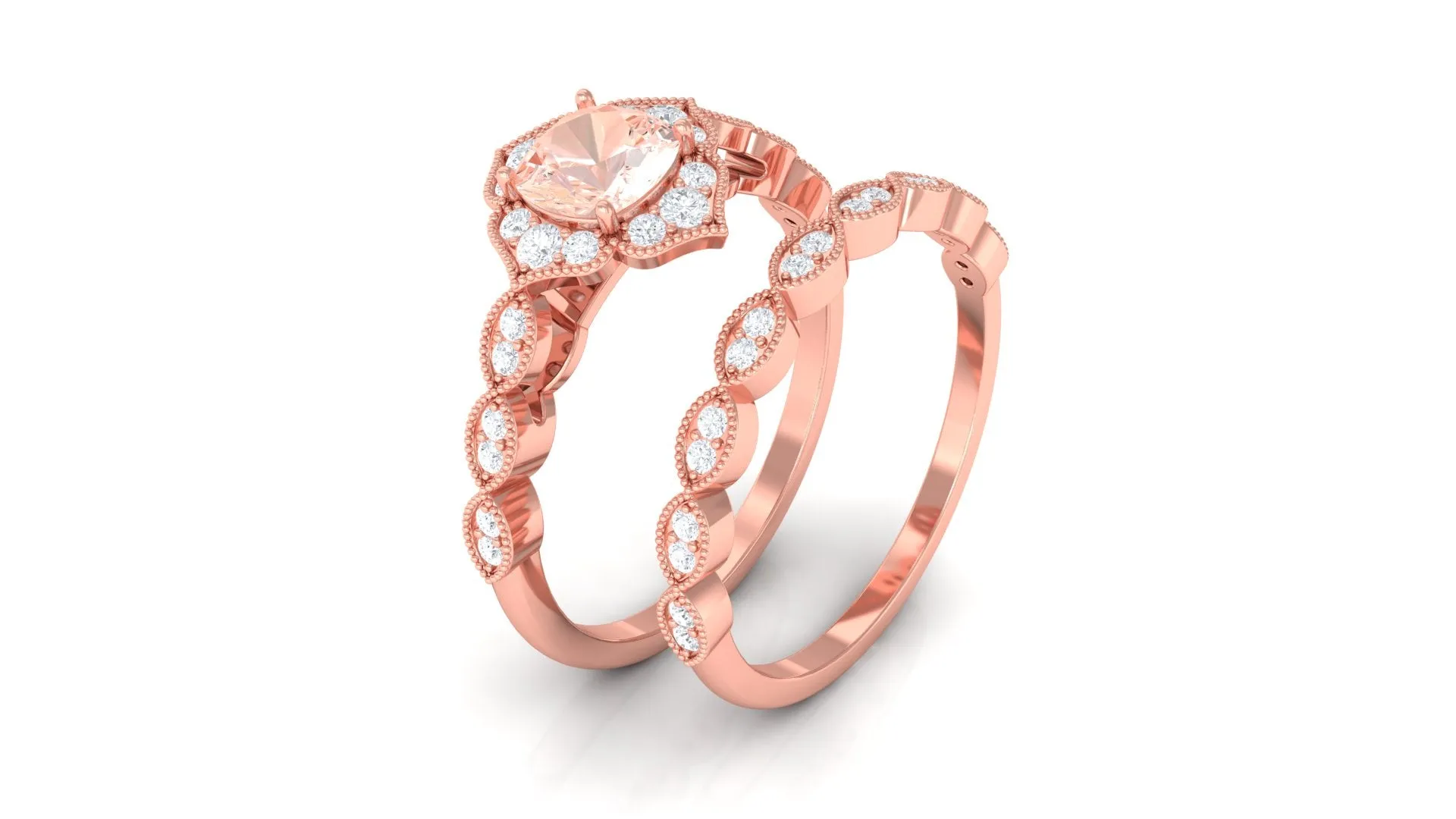 Real Morganite Flower Ring Set with Diamond