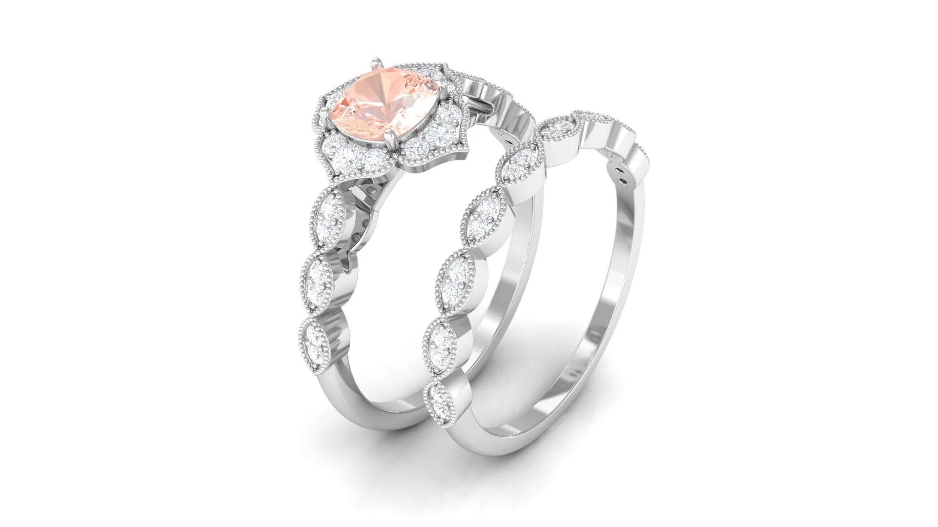 Real Morganite Flower Ring Set with Diamond