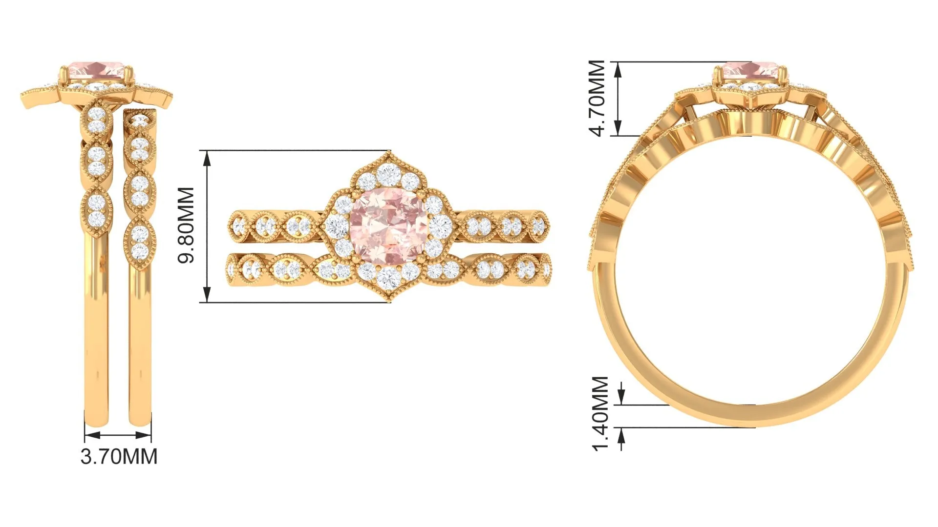 Real Morganite Flower Ring Set with Diamond