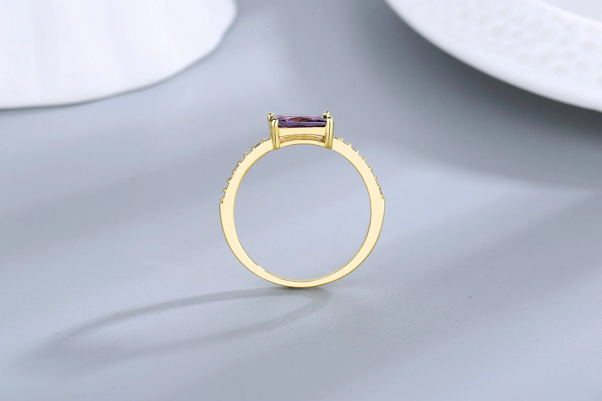 Rectangular Purple CZ Ring, Delicate and Feminine Sterling Silver