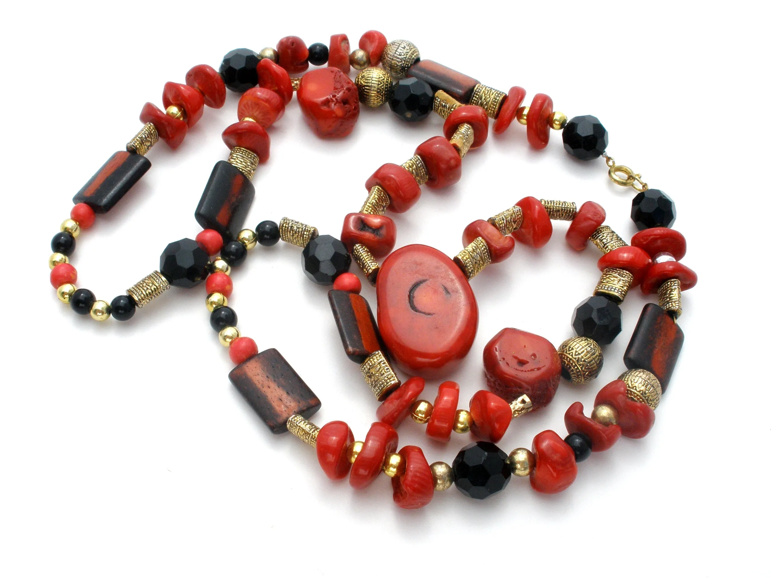 Red & Black Onyx Bead Necklace 32" Vintage