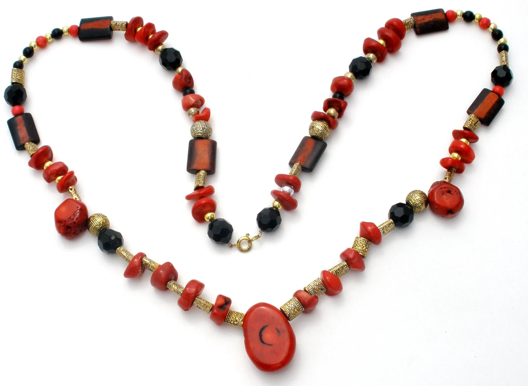 Red & Black Onyx Bead Necklace 32" Vintage