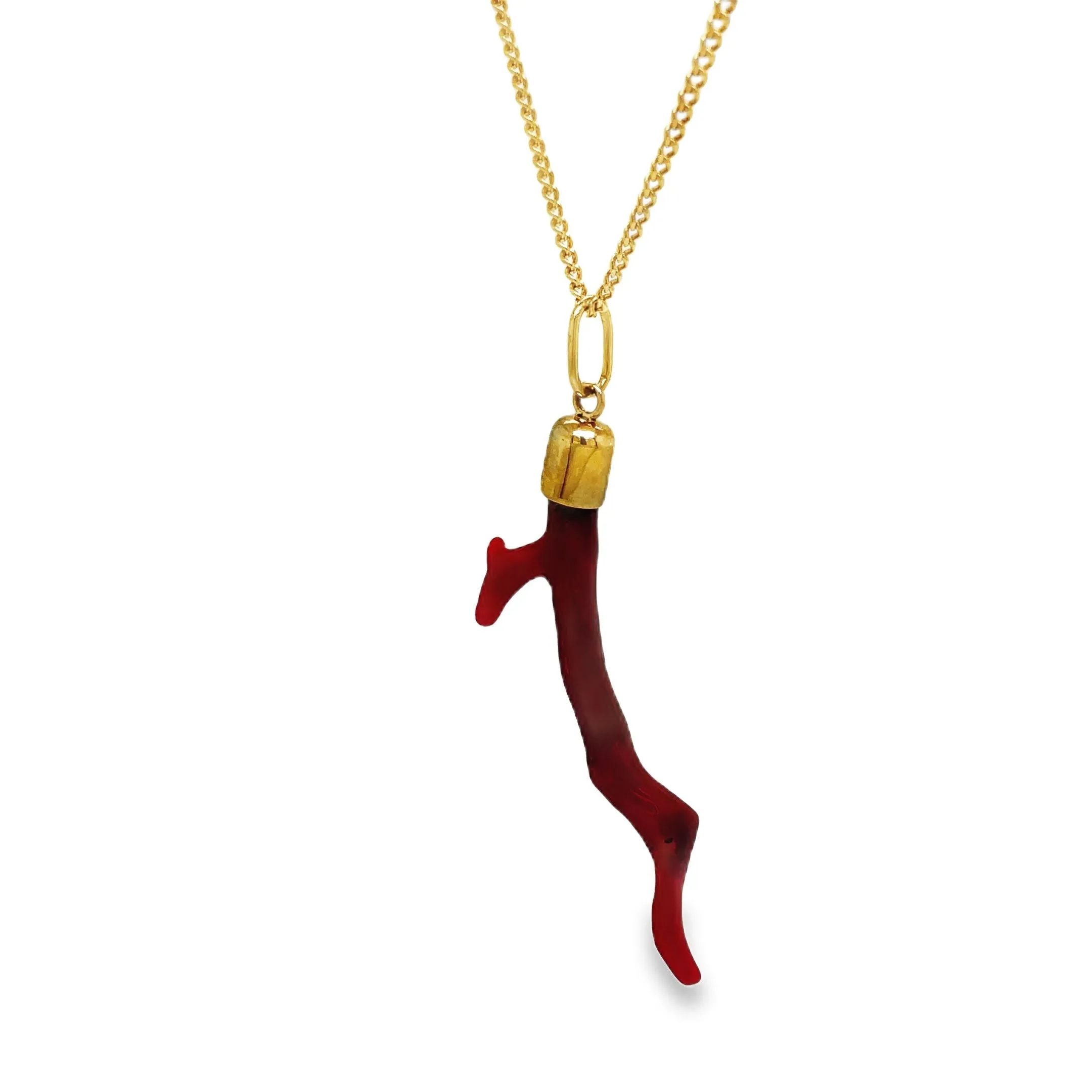 Red Coral Branch Solid Gold Cap Pendant Necklace