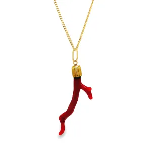 Red Coral Branch Solid Gold Cap Pendant Necklace