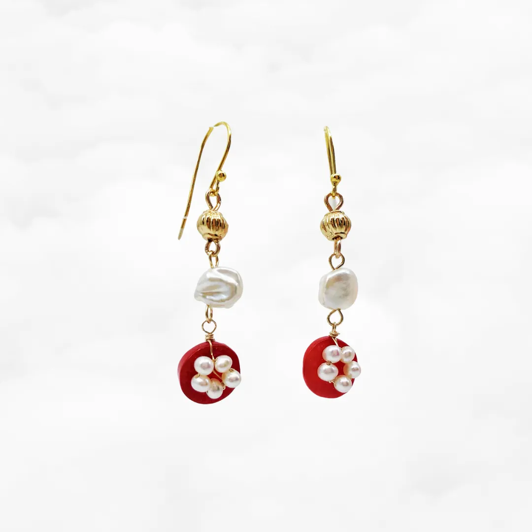 Red Coral Plum Blossom Earrings Gold