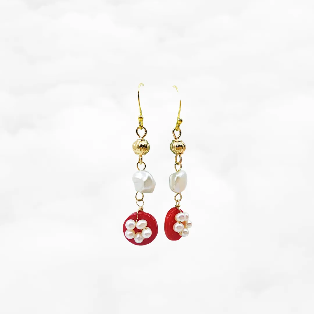 Red Coral Plum Blossom Earrings Gold