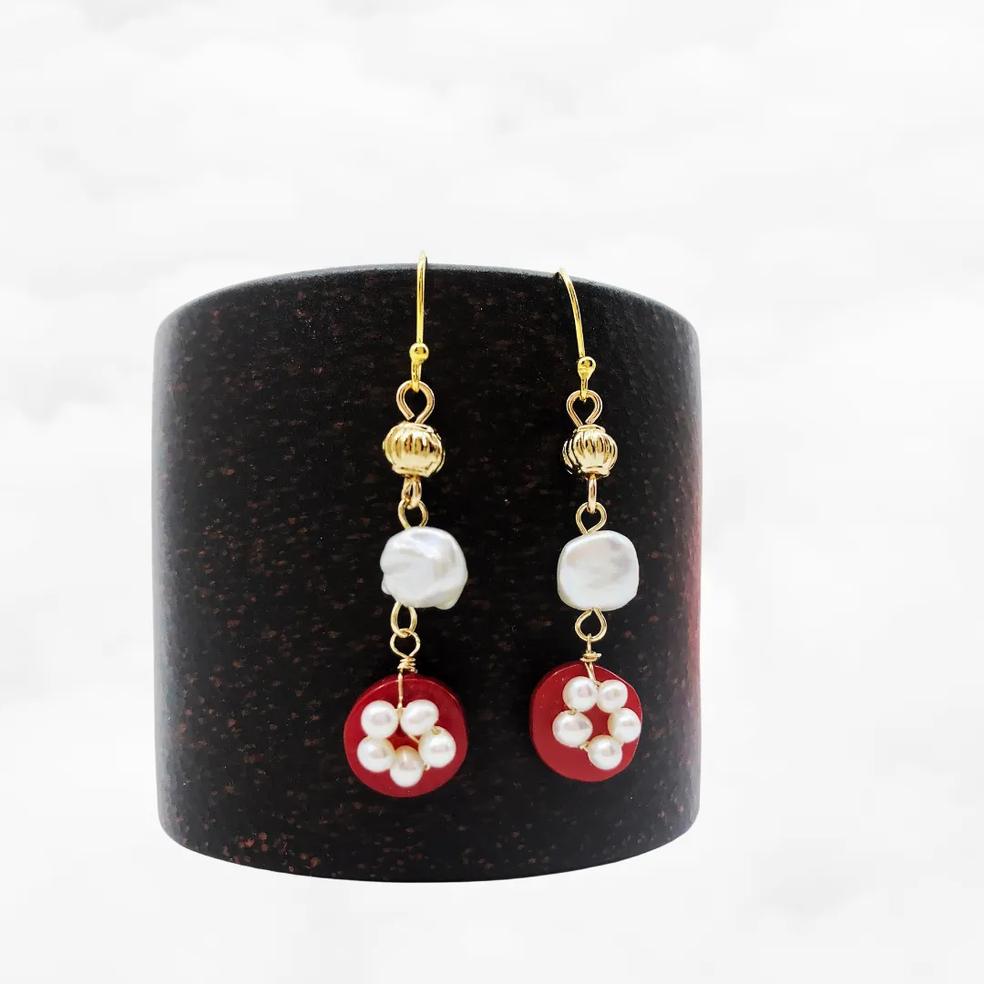 Red Coral Plum Blossom Earrings Gold