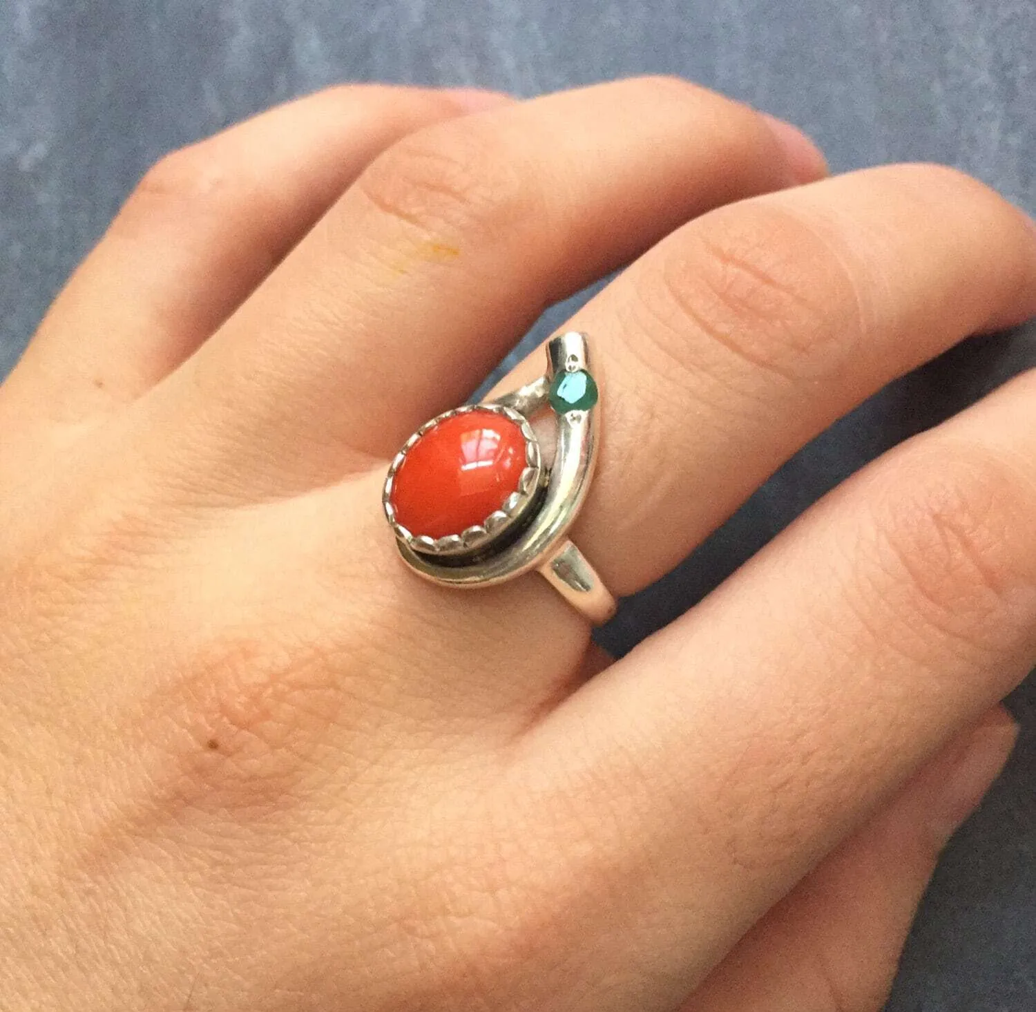 Red Coral Ring - Emerald Silver Ring - Two Stone Ring