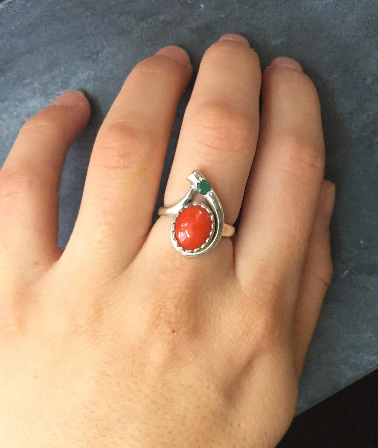 Red Coral Ring - Emerald Silver Ring - Two Stone Ring