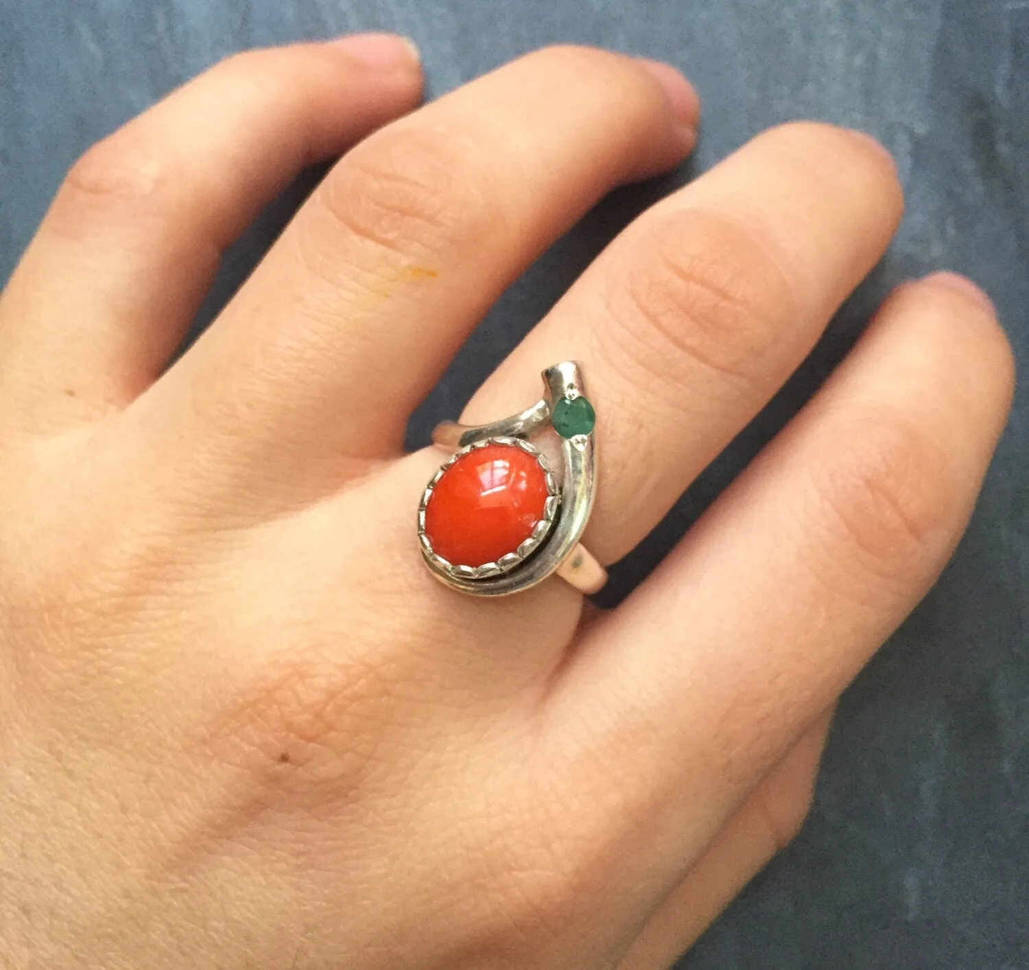 Red Coral Ring - Emerald Silver Ring - Two Stone Ring