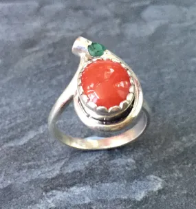 Red Coral Ring - Emerald Silver Ring - Two Stone Ring