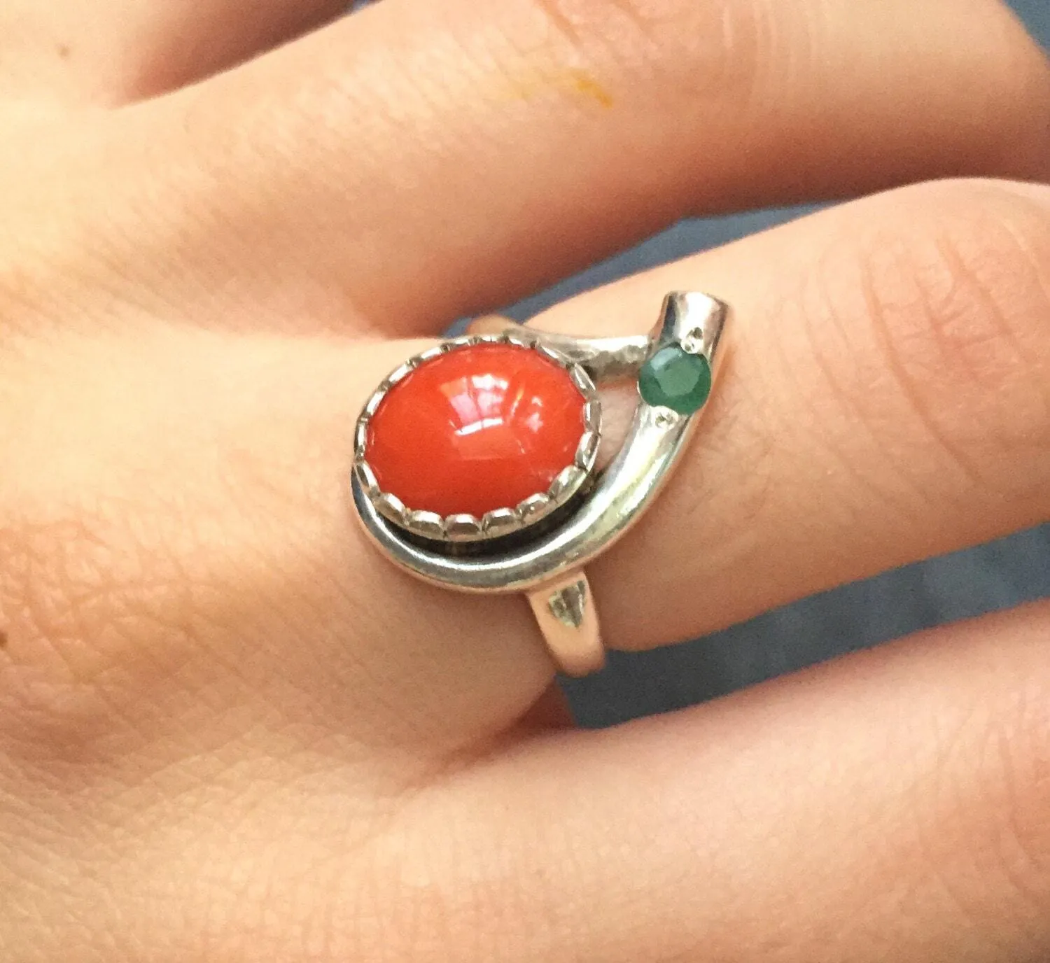 Red Coral Ring - Emerald Silver Ring - Two Stone Ring