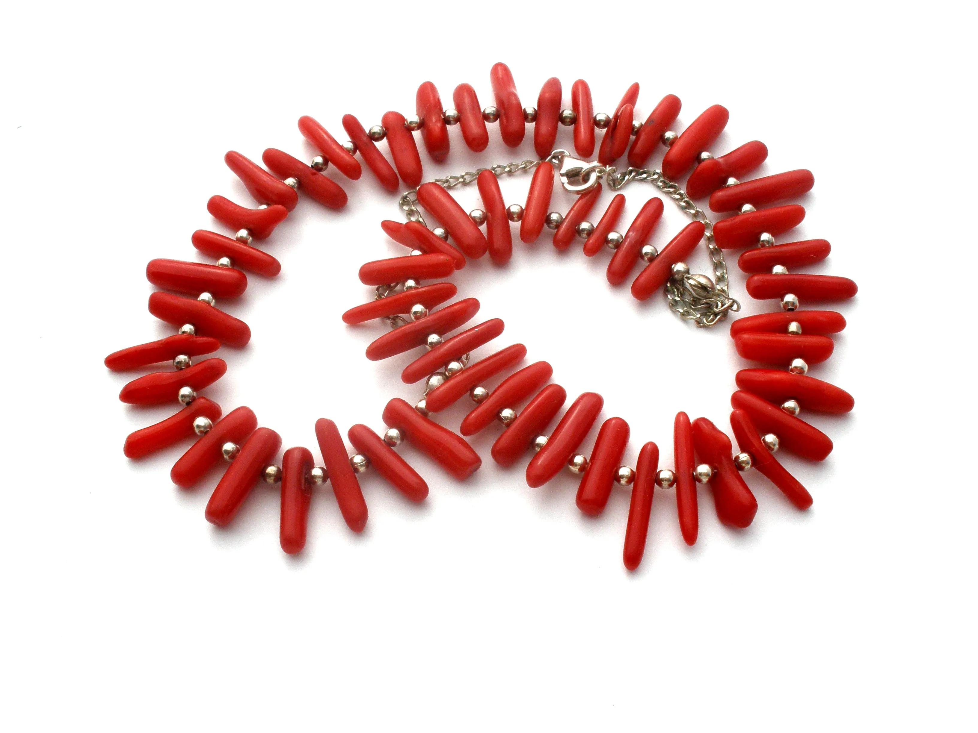 Red Coral Sterling Silver Bead Necklace