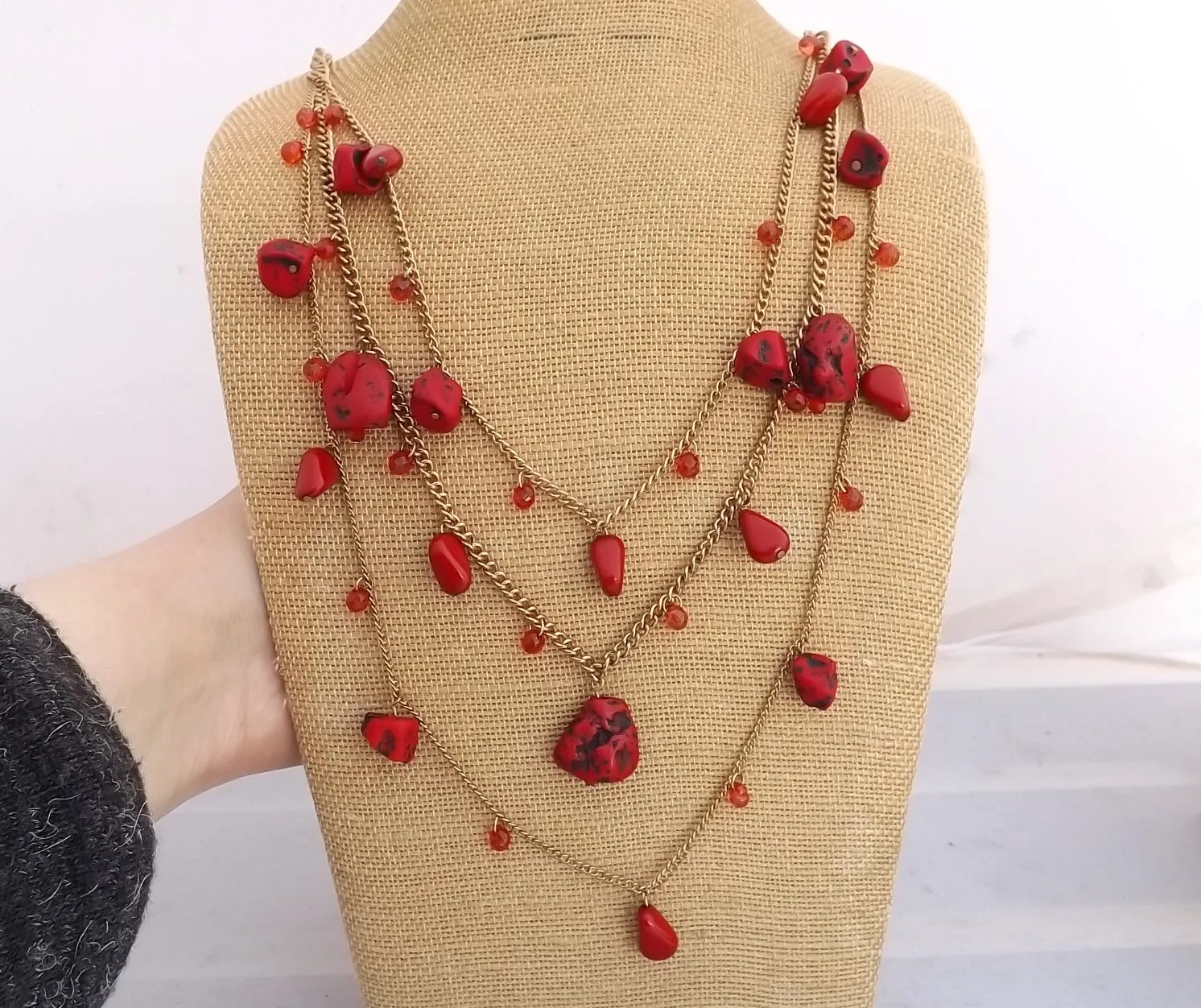 Red Faux Coral Bead & Gold Tone Chain Necklace