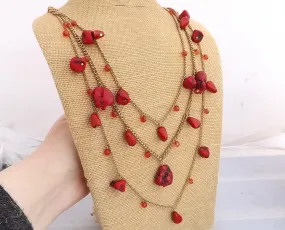 Red Faux Coral Bead & Gold Tone Chain Necklace