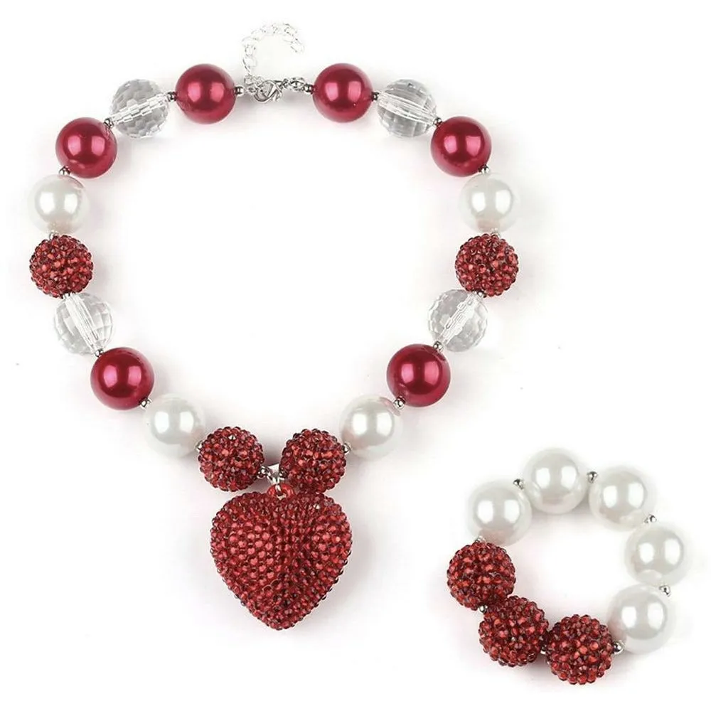 Red Heart Bubblegum Necklace w/ Bracelet