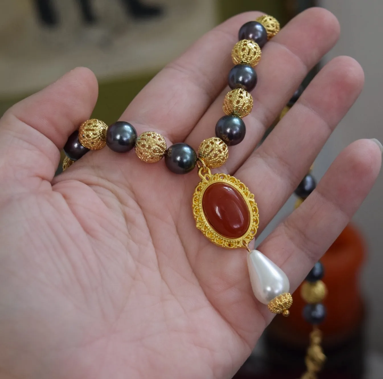 Renaissance Filigree, Black Pearl, and Carnelian Necklace