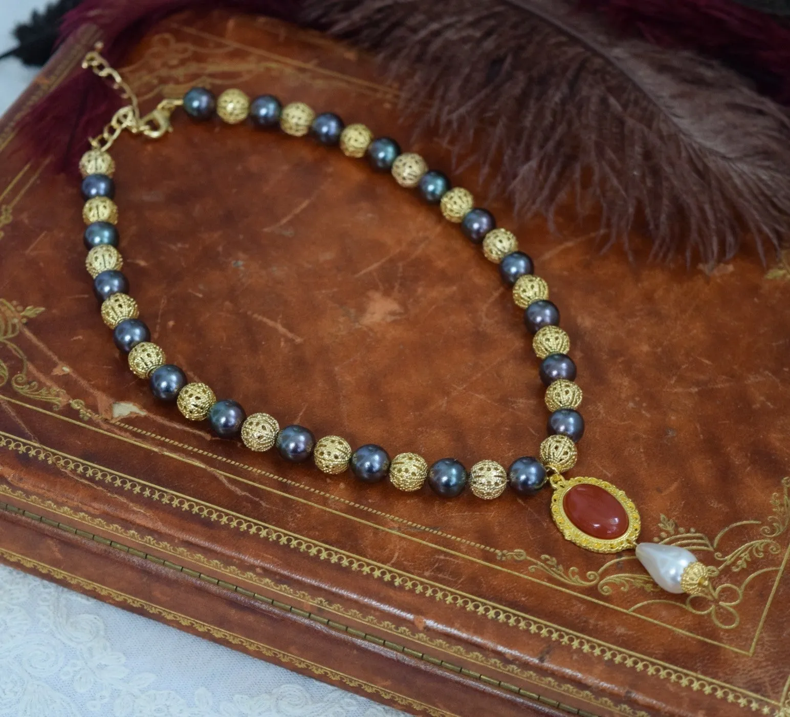 Renaissance Filigree, Black Pearl, and Carnelian Necklace