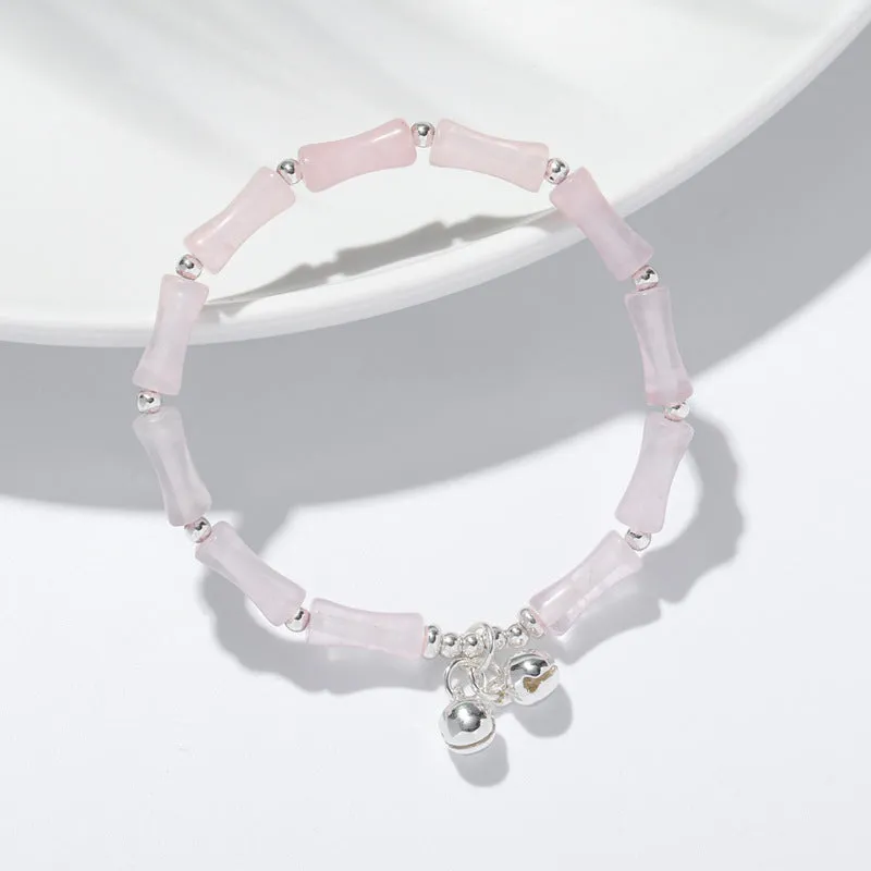 Retro Chinese Style Pink Quartz Crystal Bracelet with Sterling Silver and Fortune Bell Detail