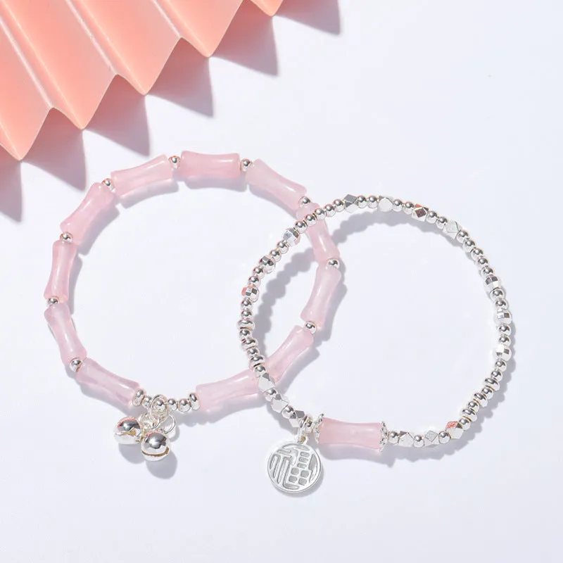 Retro Chinese Style Pink Quartz Crystal Bracelet with Sterling Silver and Fortune Bell Detail