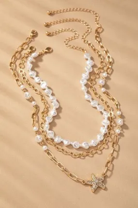 RHINESTONE STAR PEARL NECKLACE SET