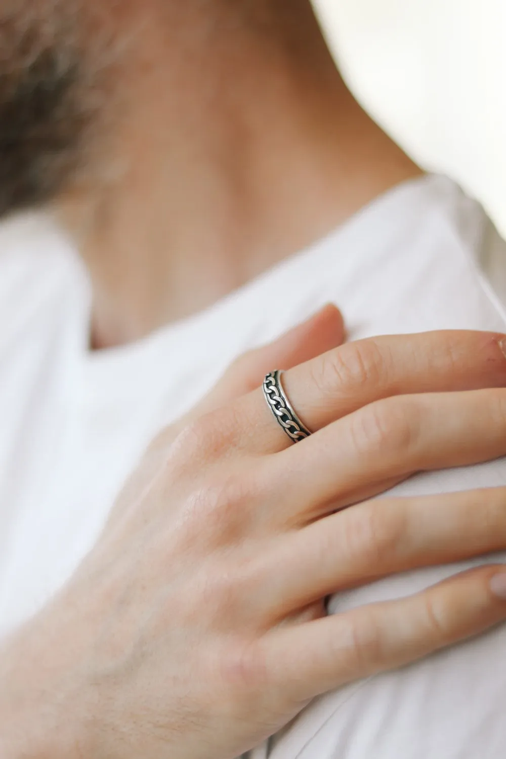 Ring for men, cuban chain style ring, silver men's ring, boyfriend gift for him, adjustable ring, minimalist mens jewelry, stacking ring man