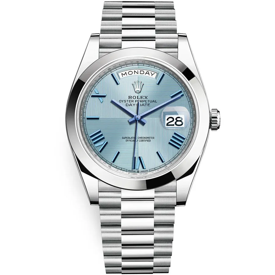 Rolex Day-Date 40 Platinum Presidential 228206 Smooth Bezel Ice Blue Quadrant Motif Dial