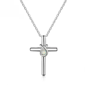 Round Opal Polished Latin Cross Sterling Silver Necklace