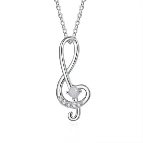 Round Opal Zircon Music Symbol Sterling Silver Necklace