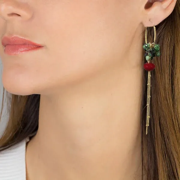 Ruby Zoisite Painted Coral Cluster Hoop Earrings