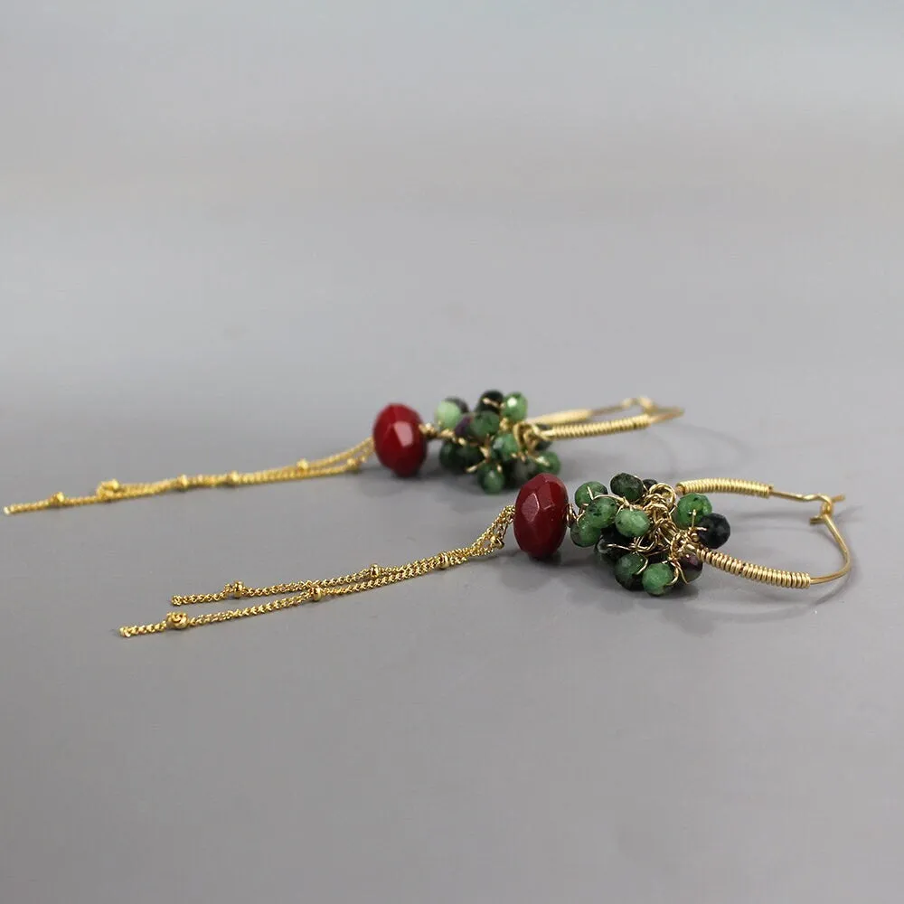 Ruby Zoisite Painted Coral Cluster Hoop Earrings