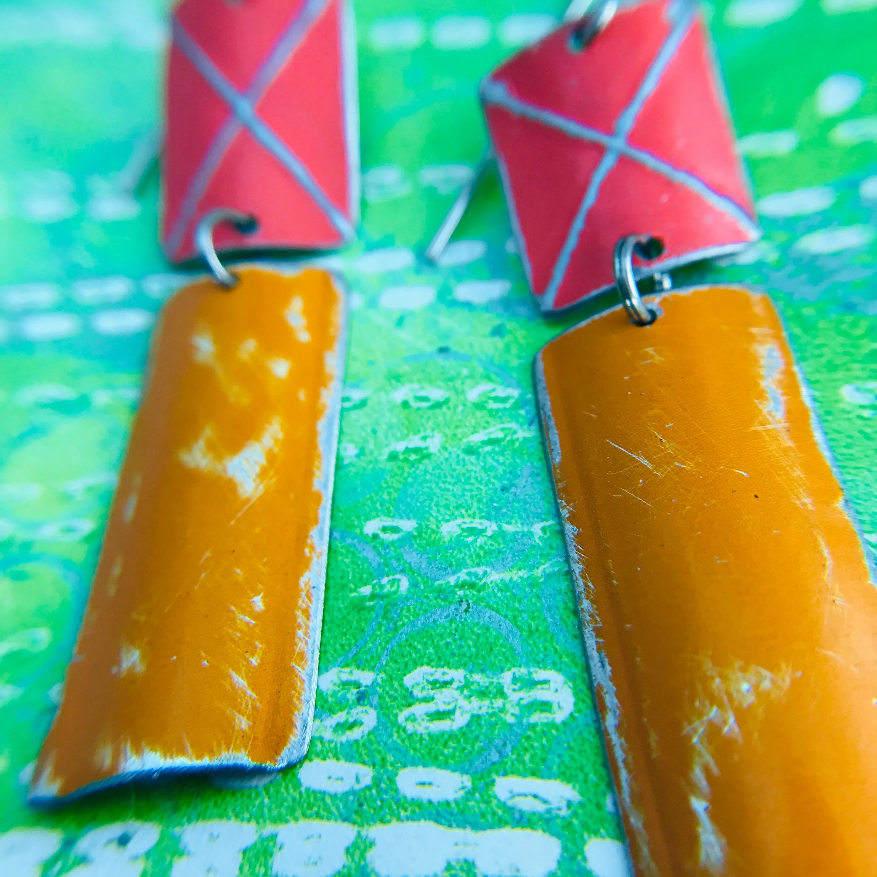 Rustic Deep Coral & Persimmon Zero Waste Tin Earrings