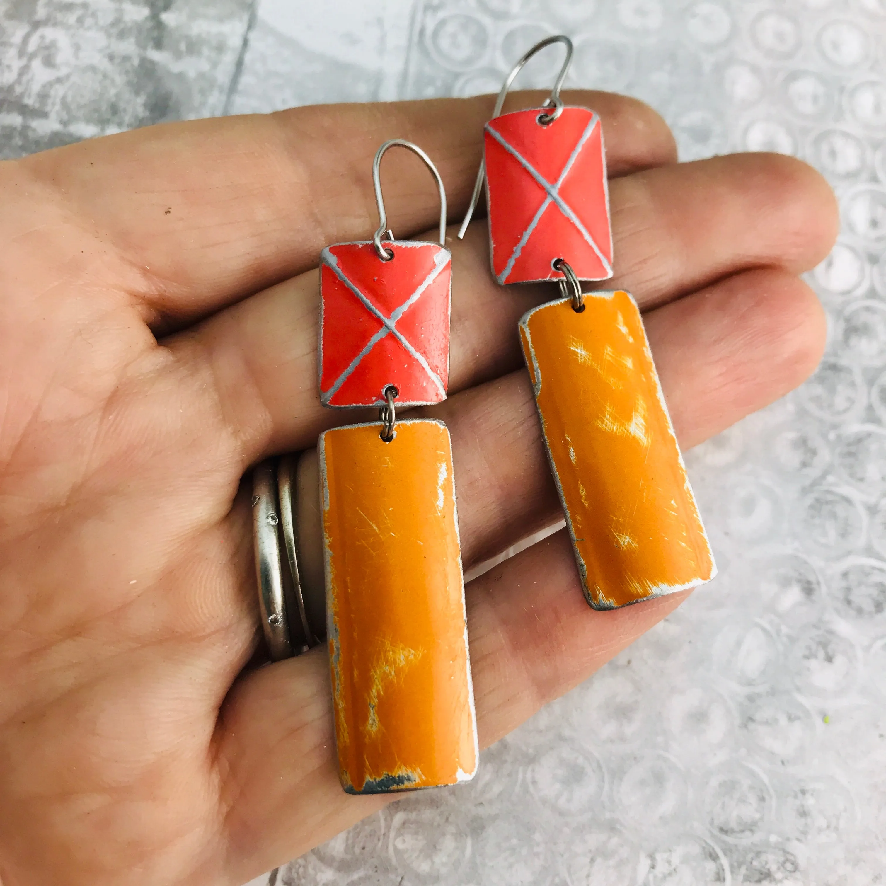 Rustic Deep Coral & Persimmon Zero Waste Tin Earrings