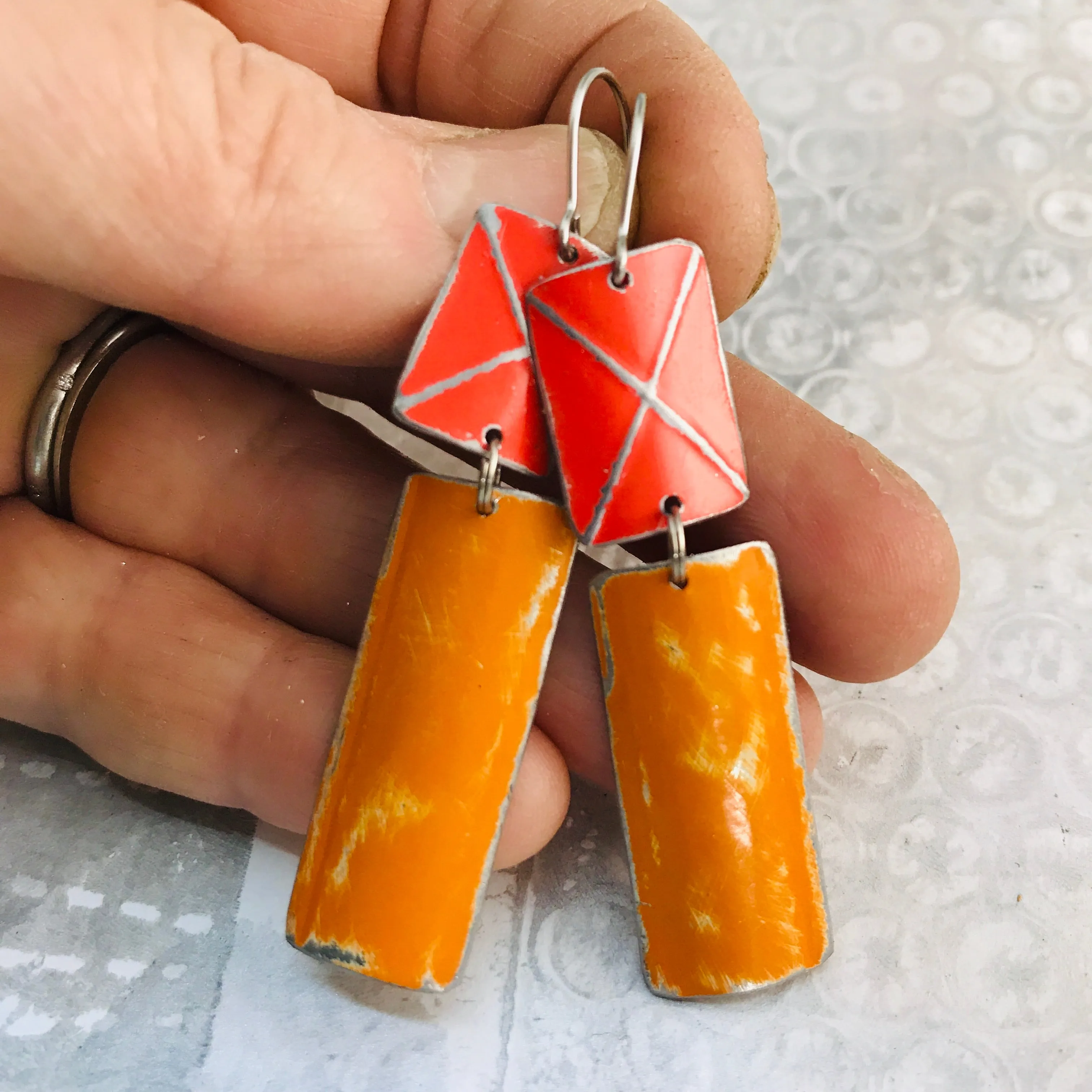 Rustic Deep Coral & Persimmon Zero Waste Tin Earrings