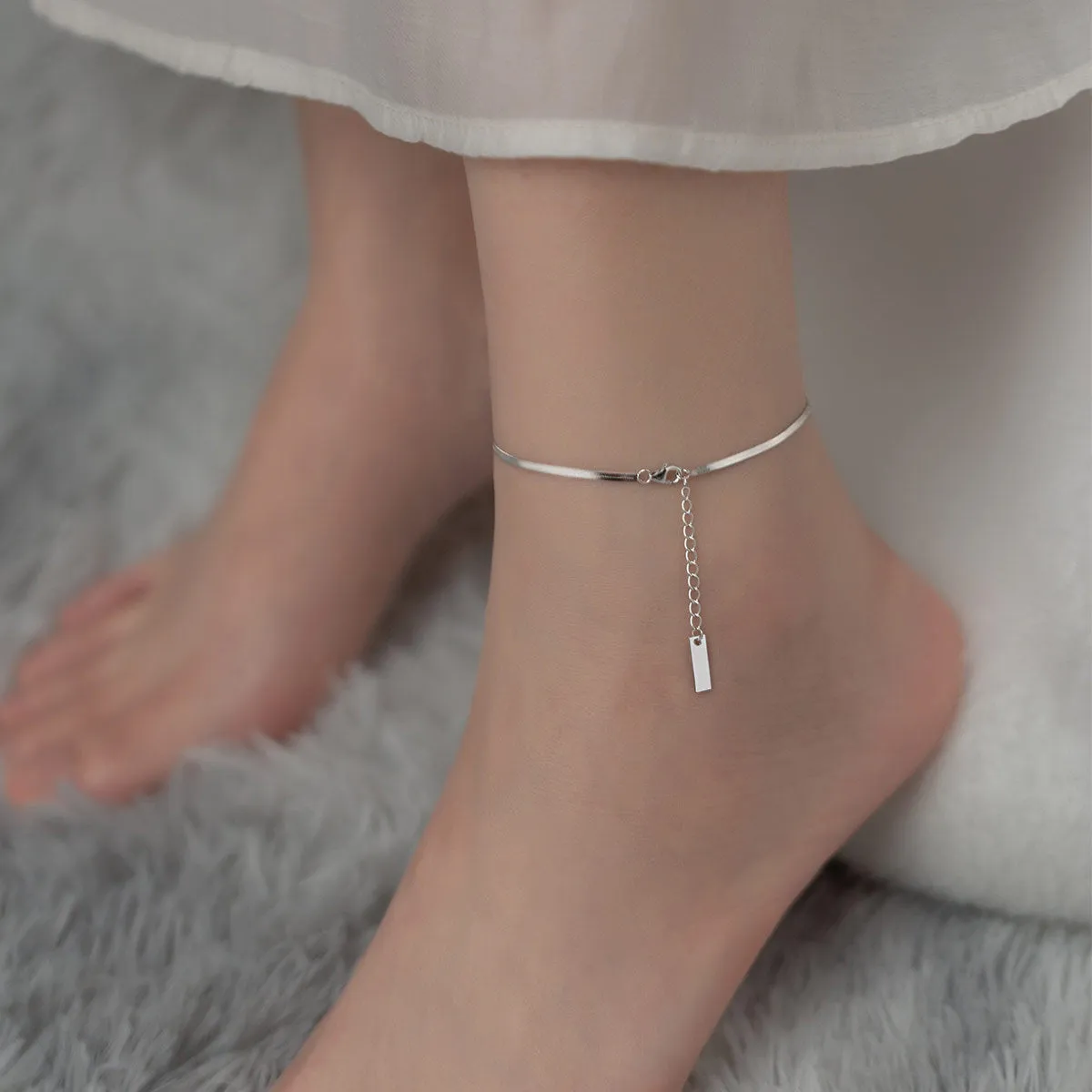 S925 Silver Simple Flat Snake Bone Single Chain Anklet