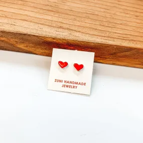 Sarah Bowannie | Zuni Handmade Sterling Silver Heart Stud Earrings in Red Coral