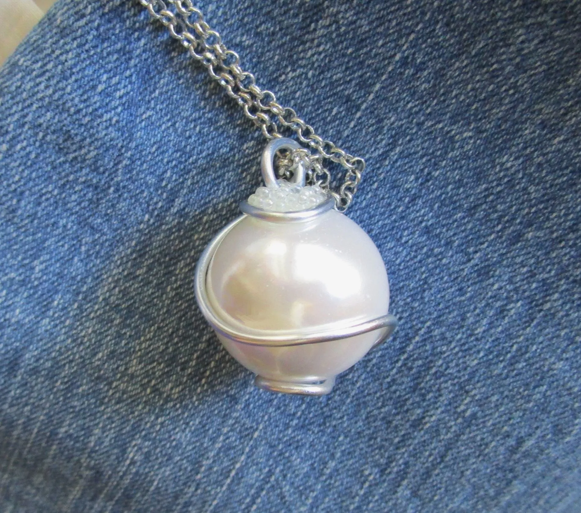 Satin White Czech Glass Pearl Wire Wrapped Pendant Necklace