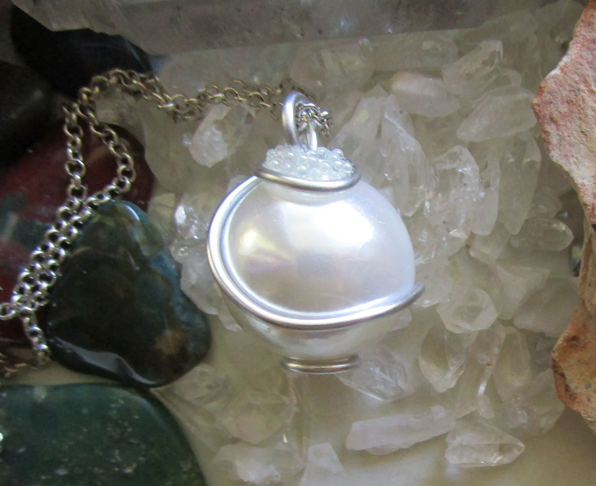 Satin White Czech Glass Pearl Wire Wrapped Pendant Necklace