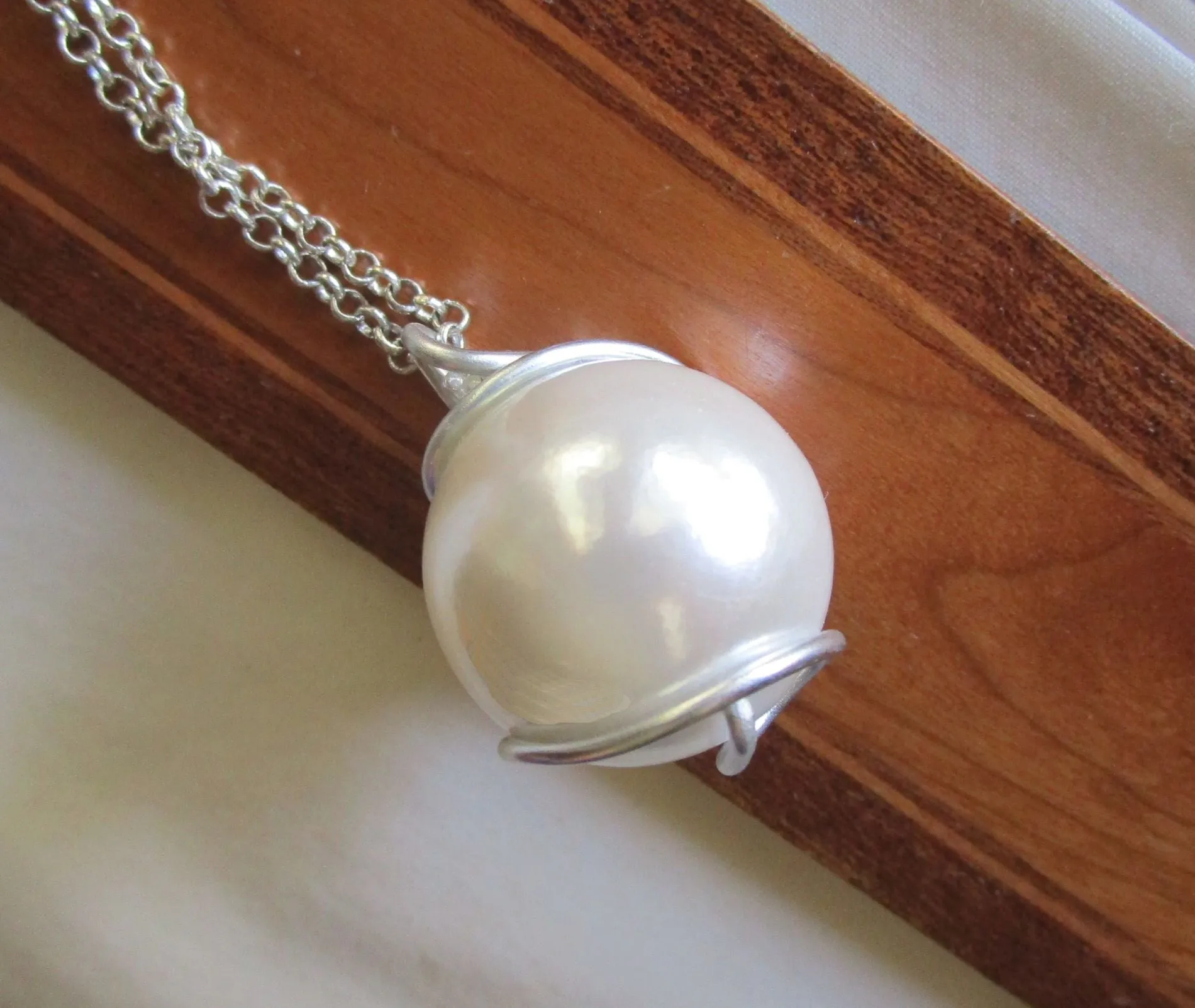 Satin White Czech Glass Pearl Wire Wrapped Pendant Necklace