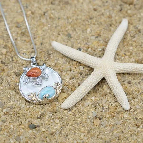 Sea Turtle Necklace with Larimar, Coral and Mother of Pearl