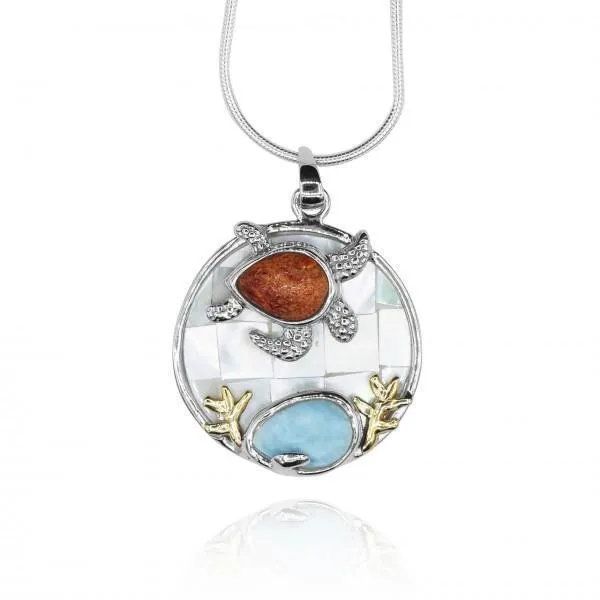 Sea Turtle Necklace with Larimar, Coral and Mother of Pearl