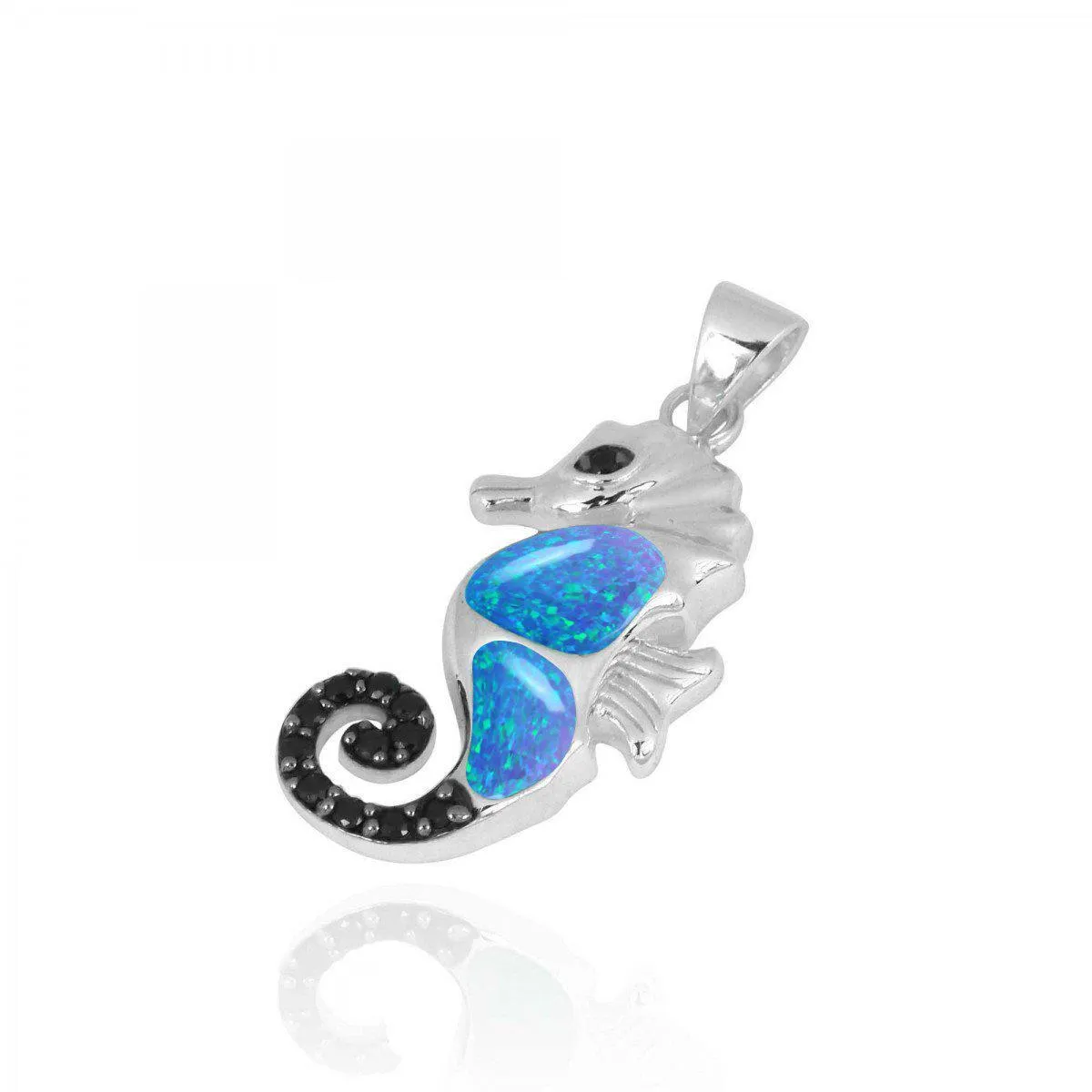 Seahorse Pendant Necklace with Blue Opal and Black Spinel