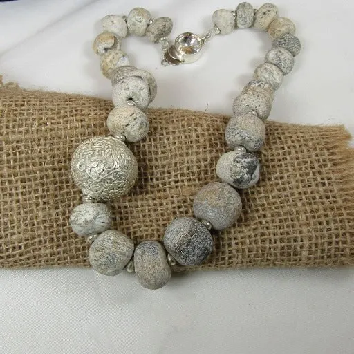 Silver and Rare Petrified Dinosaur Bone Bead Necklace