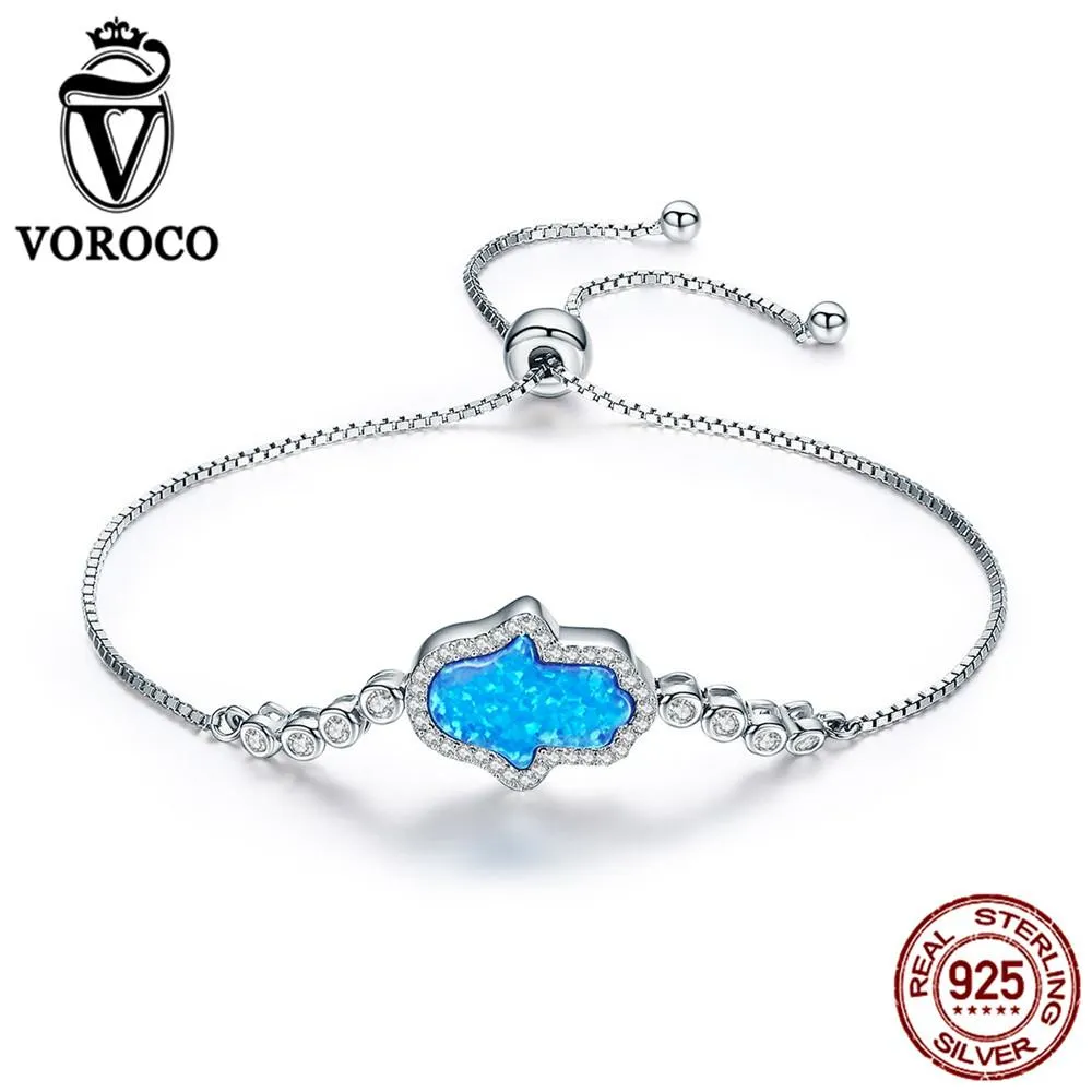 Silver Blue Opal Hamsa Hand Bracelet - Adjustable