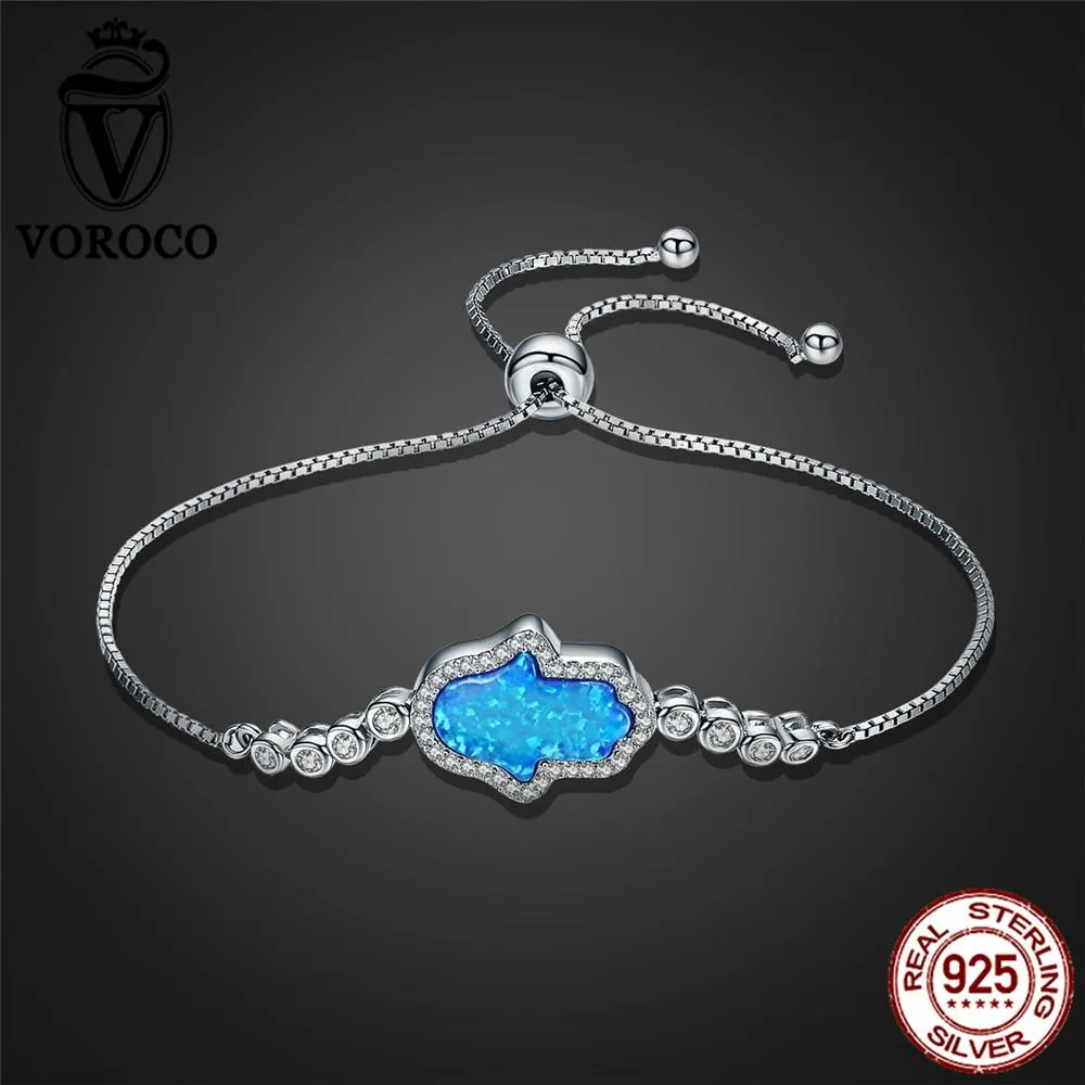 Silver Blue Opal Hamsa Hand Bracelet - Adjustable