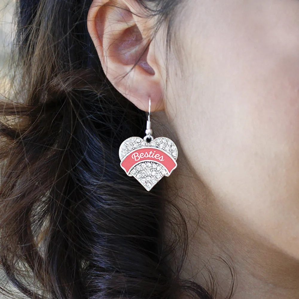 Silver Coral Besties Pave Heart Charm Dangle Earrings