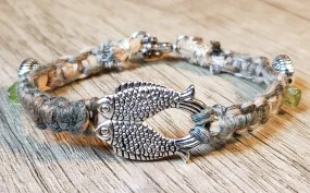 Silver Plated Fish & Shell with Heibi Peridot Accent Bracelet. Cotton Cording, Adjustable Chain & Lobster Claw Clasp 
 